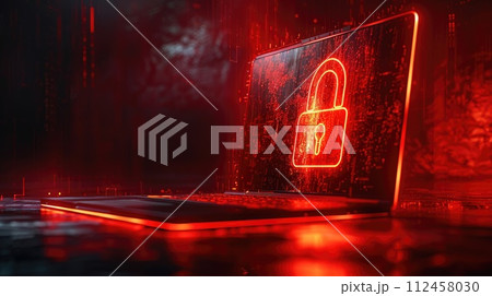 Cybersecurity. Padlock on a desk displaying on Laptop. Cyber attack on computer network, Virus, Spyware, Malware or Malicious software. Cybercrime. Compromised information internet. Generative AI 112458030