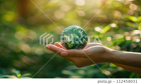 Human hand cradling globe with nature. ESG, Environment Social Governance. Reducing co2. Net Zero. Sustainable. ethical. Environmental care and global protection. renew resource reduce. Generative AI 112458031