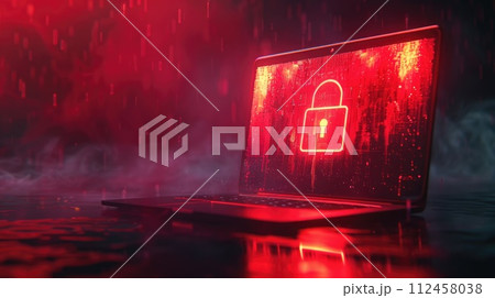 Cybersecurity. Padlock on a desk displaying on Laptop. Cyber attack on computer network, Virus, Spyware, Malware or Malicious software. Cybercrime. Compromised information internet. Generative AI 112458038