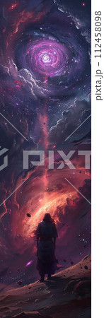 In the nebula's shadow, a ninja confronts a dark natural entity 112458098