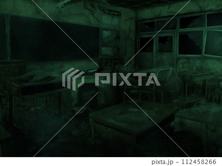 廃墟の荒れた教室の緑のイラスト 112458266