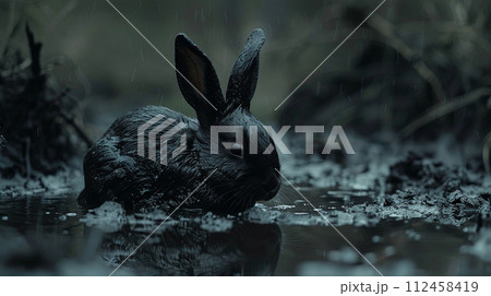 Eerie rabbit reflection in a lake of dark molten chocolate, under a night sky Eerie rabbit reflection in a lake of dark molten chocolate, under a night sky 112458419