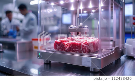 Lab grown meat. Showcasing the future of food with cultured beef in high tech laboratory. Innovative food technology. Sustainable and ethical alternative to traditional meat production. Generative AI Lab grown meat. Showcasing the future of food with cultured beef in high tech laboratory. Innovative food technology. Sustainable and ethical alternative to traditional meat production. Generative AI 112458420