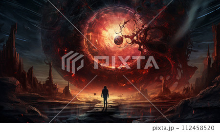 Space warlock a cosmic sword against a backdrop of a star-filled nebula. Dark prophet futuristic with a galaxy swirl cloak. Dark astronaut, with demonic aura. Hell's emissary, cybernetic wings. 112458520