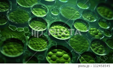Microscope of green animal cells. Stem cell research and treatment. Science and technology concept. Generative AI 112458545