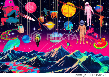 Bright galaxy collage, pop art stars fusion. A vibrant and surreal montage with planets, astronauts, animals, and people against a starry space backdrop. 112458576