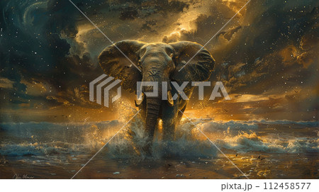 Powerful elephant surges forward amidst tumultuous ocean waves under a dramatic, starry sky. Elephant, flying, dark sea sparkles with cosmic light. Elephant in cosmic flight, dark sea swirling below. 112458577