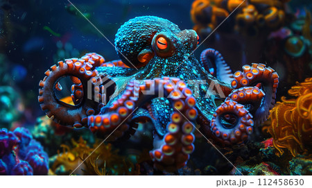 Steampunk octopus lurking in a dark coral reef, eyes glowing red 112458630