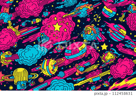 Bright galaxy collage, pop art stars fusion. A vibrant and surreal montage with planets, astronauts, animals, and people against a starry space backdrop. Bright galaxy collage, pop art stars fusion. A vibrant and surreal montage with planets, astronauts, animals, and people against a starry space backdrop. 112458631