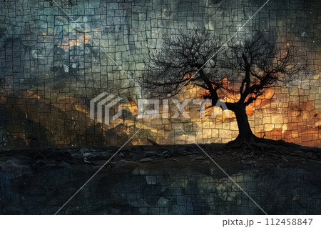 Twisted tree forms with quilt inspired patterns emerge from the darkness, a blend of nature and abstract art. Vibrant abstract quilted tapestry artwork intricate patterns and gradian Twisted tree forms with quilt inspired patterns emerge from the darkness, a blend of nature and abstract art. Vibrant abstract quilted tapestry artwork intricate patterns and gradian 112458847