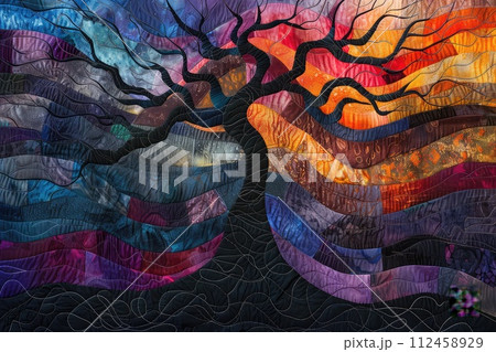 Twisted tree forms with quilt inspired patterns emerge from the darkness, a blend of nature and abstract art. Vibrant abstract quilted tapestry artwork intricate patterns and gradian 112458929