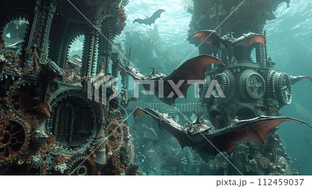 Coral reefs shaped like steampunk gears, with vampire bats flying overhead 112459037