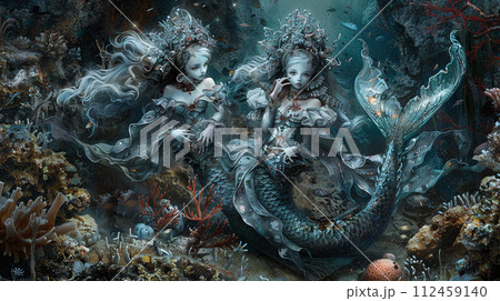 Gothic mermaids with steampunk tails, hiding in the shadows of a coral reef Gothic mermaids with steampunk tails, hiding in the shadows of a coral reef 112459140