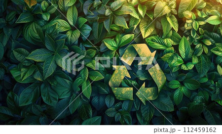Green recycling symbol with green leaf background. Green energy solutions and sustainable power engineering and eco-friendly technology. Generative AI 112459162
