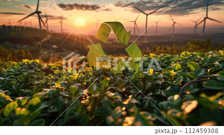 Green recycling symbol with sunrise over a field with wind turbines. Green energy solutions and sustainable power engineering and eco-friendly technology. Generative AI Green recycling symbol with sunrise over a field with wind turbines. Green energy solutions and sustainable power engineering and eco-friendly technology. Generative AI 112459308