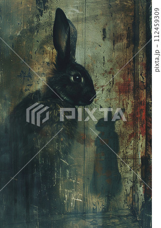 Sinister shadows cling to a rabbit as it navigates a dream of haunted desserts 112459309