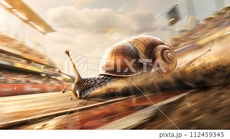 Snail turbo flames speed on a mission speeding through a snail at neon urban. Snail captured in a dynamic, sunlit scene, embodying movement and the beauty of nature. 112459345