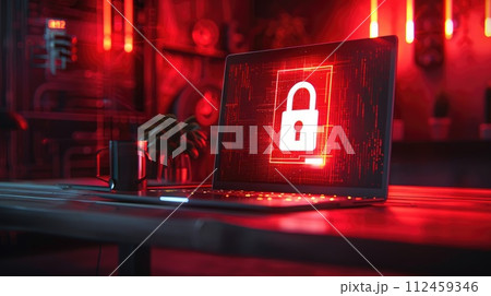 Cybersecurity. Padlock on a desk displaying on Laptop. Cyber attack on computer network, Virus, Spyware, Malware or Malicious software. Cybercrime. Compromised information internet. Generative AI 112459346