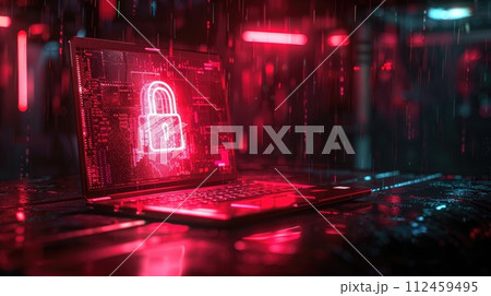 Cybersecurity. Padlock on a desk displaying on Laptop. Cyber attack on computer network, Virus, Spyware, Malware or Malicious software. Cybercrime. Compromised information internet. Generative AI 112459495