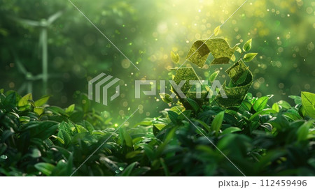 Green recycling symbol with sunrise over a field with wind turbines. Green energy solutions and sustainable power engineering and eco-friendly technology. Generative AI 112459496