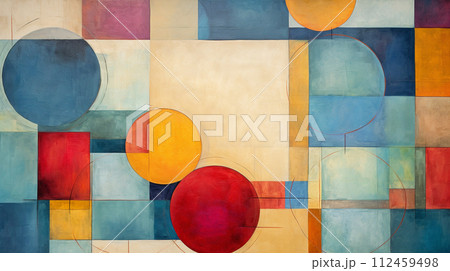 Abstract blend of textured geometric shapes and circles, modern style. Modern abstract painting featuring a dynamic composition of geometric shapes in bold, vibrant colors on canvas. 112459498