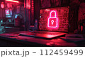 Cybersecurity. Padlock on a desk displaying on Laptop. Cyber attack on computer network, Virus, Spyware, Malware or Malicious software. Cybercrime. Compromised information internet. Generative AI 112459499