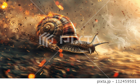 Snail turbo flames speed on a mission speeding through a snail at neon urban. Snail captured in a dynamic, sunlit scene, embodying movement and the beauty of nature. 112459501