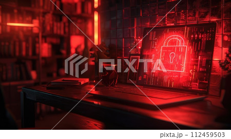 Cybersecurity. Padlock on a desk displaying on Laptop. Cyber attack on computer network, Virus, Spyware, Malware or Malicious software. Cybercrime. Compromised information internet. Generative AI 112459503