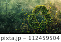 Green recycling symbol with sunrise over a field with wind turbines. Green energy solutions and sustainable power engineering and eco-friendly technology. Generative AI 112459504