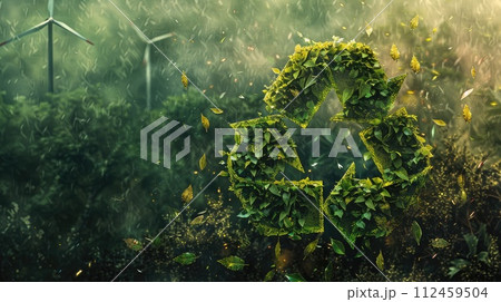 Green recycling symbol with sunrise over a field with wind turbines. Green energy solutions and sustainable power engineering and eco-friendly technology. Generative AI 112459504