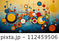 Abstract blend of textured geometric shapes and circles, modern style. Modern abstract painting featuring a dynamic composition of geometric shapes in bold, vibrant colors on canvas. 112459506