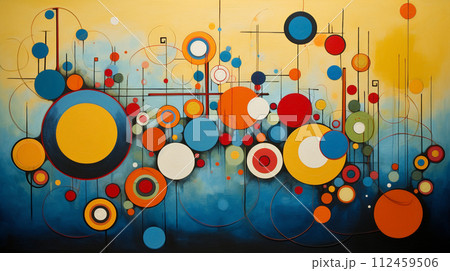 Abstract blend of textured geometric shapes and circles, modern style. Modern abstract painting featuring a dynamic composition of geometric shapes in bold, vibrant colors on canvas. 112459506
