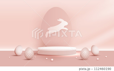 Happy Easter pink background and paper art podium display for product presentation branding and packaging presentation. studio stage with eggs and rabbit background. vector design. Happy Easter pink background and paper art podium display for product presentation branding and packaging presentation. studio stage with eggs and rabbit background. vector design. 112460190