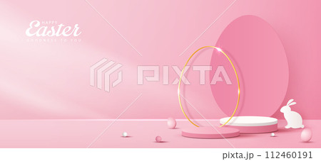 Happy Easter pink background and podium display for product presentation branding and packaging presentation. studio stage with eggs and rabbit background. vector design. 112460191