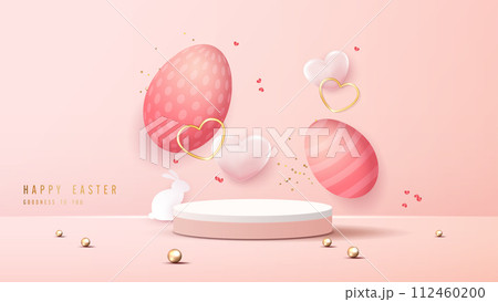 Happy Easter pink background and podium display for product presentation branding and packaging presentation. studio stage with eggs and rabbit background. vector design. Happy Easter pink background and podium display for product presentation branding and packaging presentation. studio stage with eggs and rabbit background. vector design. 112460200