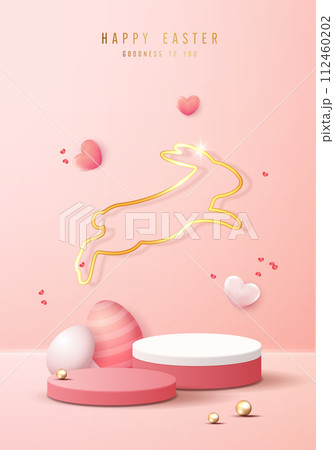 Happy Easter pink background and paper art podium display for product presentation branding and packaging presentation. studio stage with eggs and rabbit background. vector design. 112460202