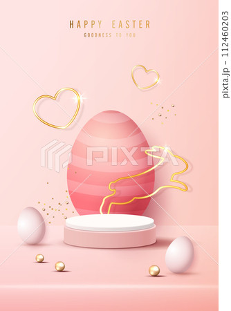 Happy Easter pink background and paper art podium display for product presentation branding and packaging presentation. studio stage with eggs and rabbit background. vector design. 112460203
