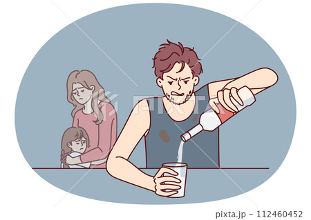 Drinking father sitting at table, pours vodka into glass, ignoring upset wife and little daughter Drinking father sitting at table, pours vodka into glass, ignoring upset wife and little daughter 112460452