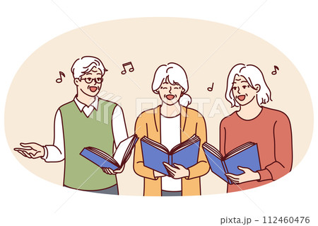 Chorus elderly men and women with workbooks in hands singing song together and enjoying old age 112460476