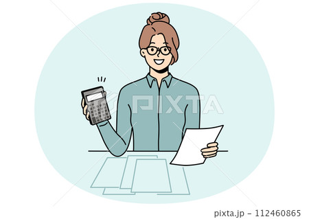 Female accountant calculate taxes on machine Female accountant calculate taxes on machine 112460865