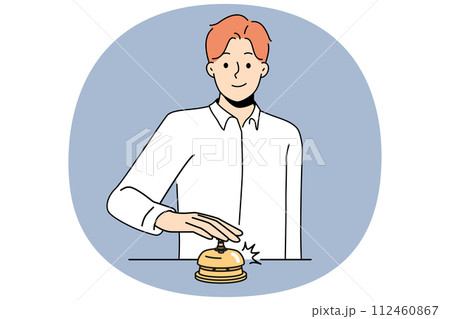 Smiling man ring bell at reception Smiling man ring bell at reception 112460867