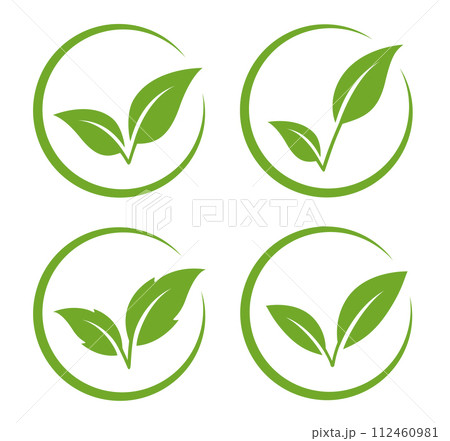 set of vegan signs, stamps with leaves, letter v, green branches and twigs 112460981