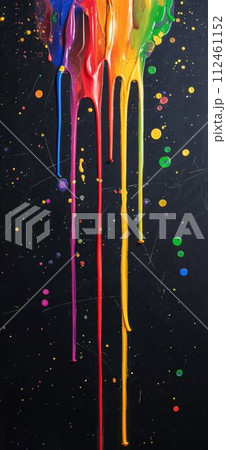 Abstract multicolored banner with colored oil streaks. Colorful paint dripping down on black background.  Mobile phone wallpaper 112461152