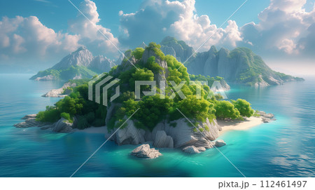 青い海に浮かぶ熱帯の無人島 AI生成画像 青い海に浮かぶ熱帯の無人島 AI生成画像 112461497
