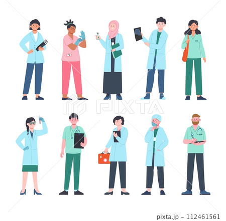 Medical team. Doctors working, nurses in uniform and administrative hospital characters. Healthcare workers, clinic and ambulance, splendid vector set Medical team. Doctors working, nurses in uniform and administrative hospital characters. Healthcare workers, clinic and ambulance, splendid vector set 112461561
