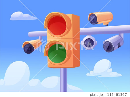 Road security. Enforcement cameras on traffic light. Cctv, police radar on urban modern roans. Monitoring systems, control nowaday vector scene 112461567