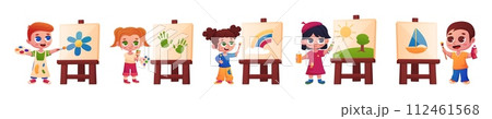 Children drawing on easels. Cute artists, little children painting. Draw creative lessons, art school students. Kindergarten nowaday vector characters 112461568