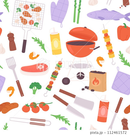 Bbq seamless pattern. Food and grill tools, barbecue equipment. Meat knife, shrimp, vegetables and kebab. Chicken and sauce bottles, racy vector background 112461572