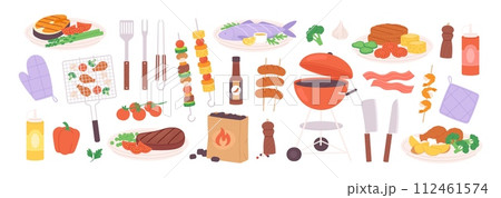 Bbq food. Summer grill party meals. Backyard or park barbecue elements. Kebab, sausages and chicken with vegetables, racy vector collection Bbq food. Summer grill party meals. Backyard or park barbecue elements. Kebab, sausages and chicken with vegetables, racy vector collection 112461574
