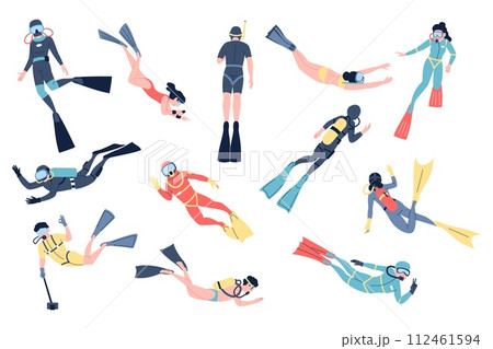 Divers characters. People diving with oxygen balloons and masks. Scuba diver and gear, underwater swimming in sea or ocean recent vector set 112461594